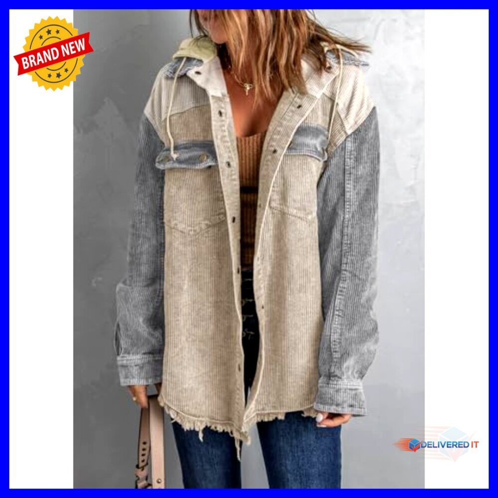 Corduroy Shacket Jacket Oversized Chic Button Down Hooded Coat with Pockets - Picture 4 of 7